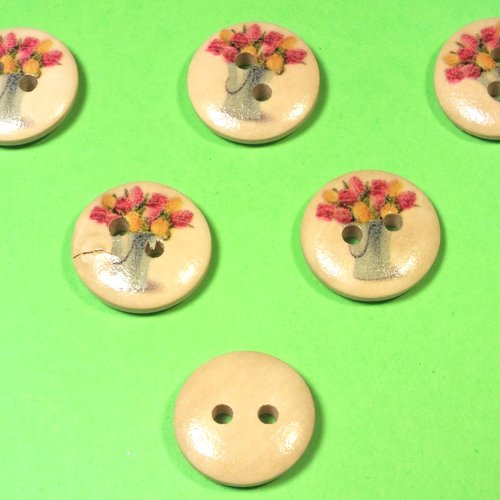 Lot 6 boutons bois : rond thème jardin motif  bouquet fleurs 15mm (02)