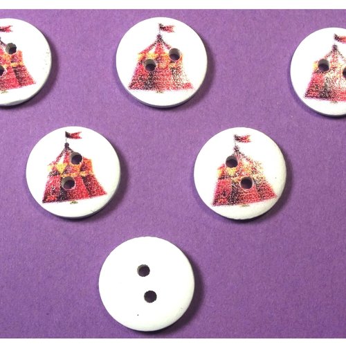 Lot 6 boutons bois : rond thème fête forraine 15mm (01)