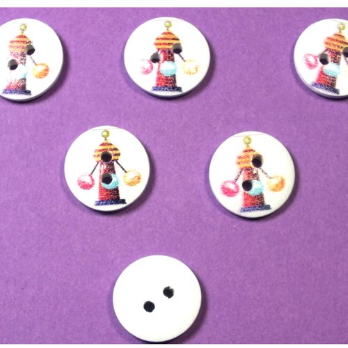 Lot 6 boutons bois : rond thème fête forraine 15mm (03)