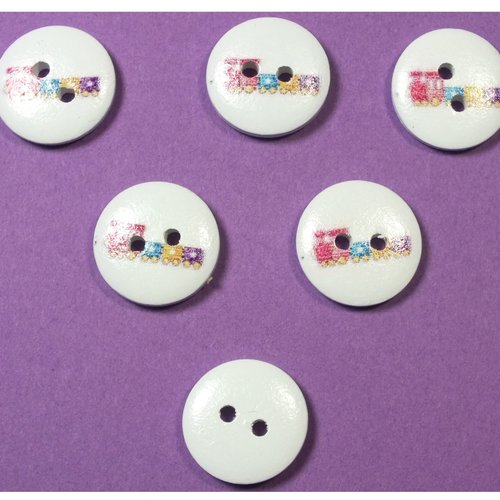 Lot 6 boutons bois : rond thème fête forraine 15mm (04)