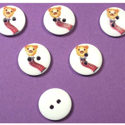 Lot 6 boutons bois : rond thème fête forraine 15mm (06)