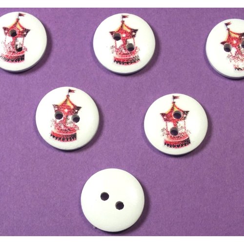 Lot 6 boutons bois : rond thème fête forraine 15mm (07)