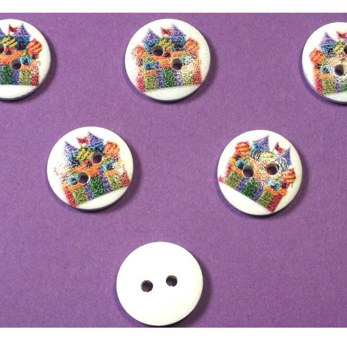 Lot 6 boutons bois : rond thème fête forraine 15mm (09)