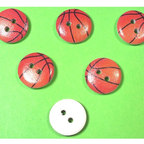 Lot 6 boutons bois : rond motif  ballon 15mm (01)