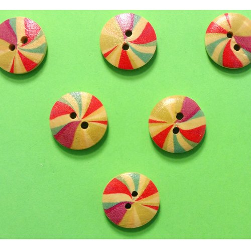 Lot 6 boutons bois : rond motif arc en ciel 15mm (01)