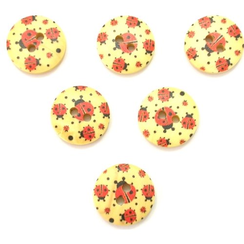 Lot 6 boutons bois : rond motif coccinelle 15mm (01)