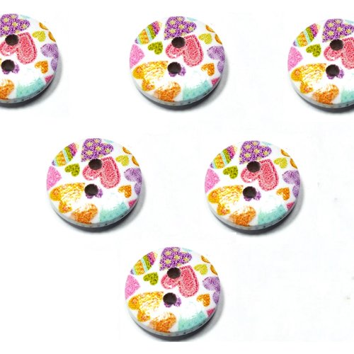 Lot 6 boutons bois : rond motif coeur 15mm (10)