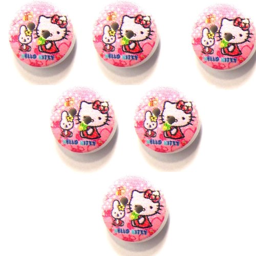 Lot 6 boutons bois : rond motif chat 15mm (08)