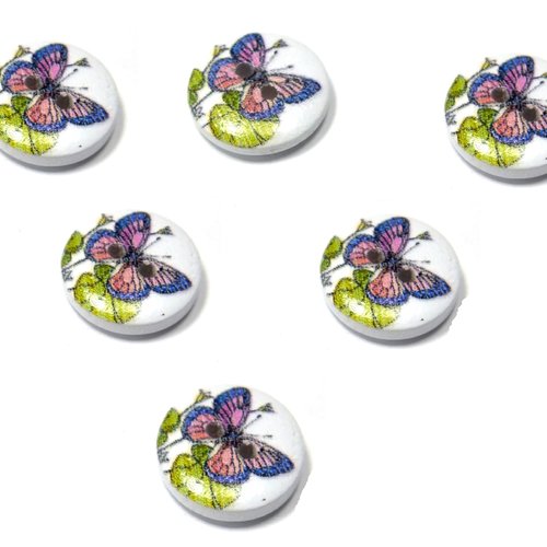 Lot 6 boutons bois : rond motif papillon 15mm (10)