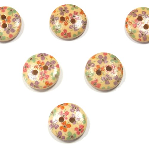 Lot 6 boutons bois : rond motif fleur 15mm (158)