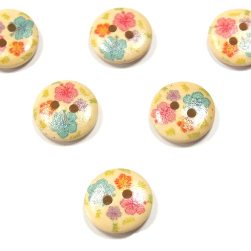 Lot 6 boutons bois : rond motif fleur 15mm (159)