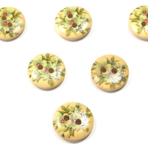 Lot 6 boutons bois : rond motif fleur 15mm (160)