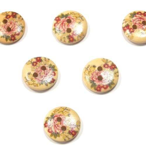 Lot 6 boutons bois : rond motif fleur 15mm (161)