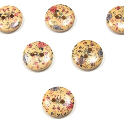 Lot 6 boutons bois : rond motif fleur 15mm (162)