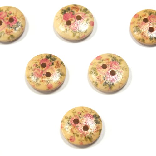 Lot 6 boutons bois : rond motif fleur 15mm (163)