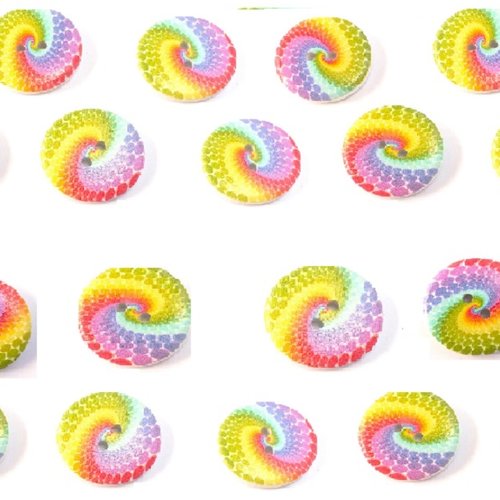 Lot 20 boutons bois : rond motif arc en ciel 15mm (04)