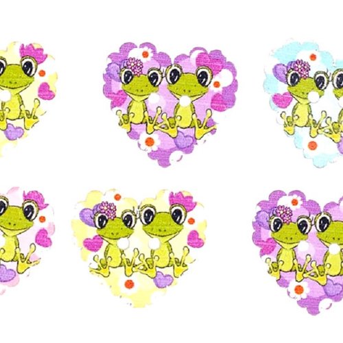 Lot 6 boutons bois : coeur motif grenouille 25*23mm