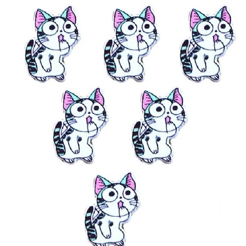 Lot 6 boutons bois : chat 24*15mm (22)