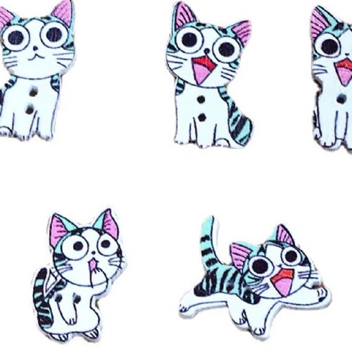 Lot 6 boutons bois : chat 26mm (26)