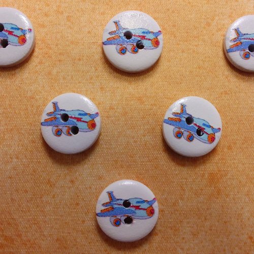 Lot 6 boutons bois : rond thème transport motif avion 15mm (02)