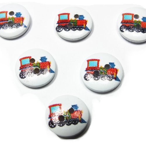 Lot 6 boutons bois : rond thème transport motif locomotive 15mm (02)