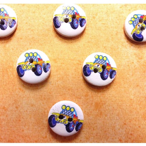 Lot 6 boutons bois : rond thème transport motif voiture 15mm (03)