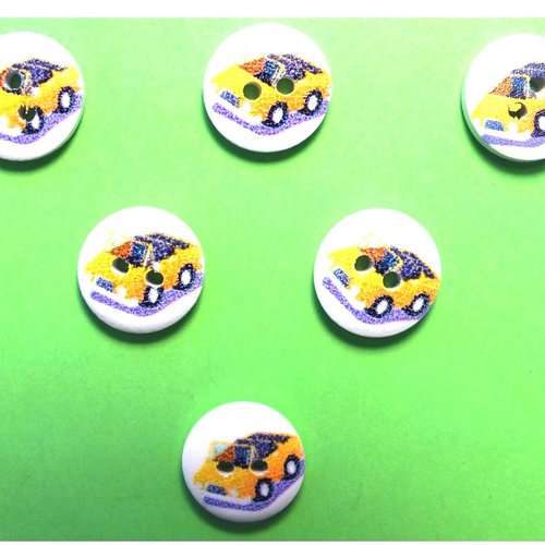 Lot 6 boutons bois : rond thème transport motif voiture 15mm (04)