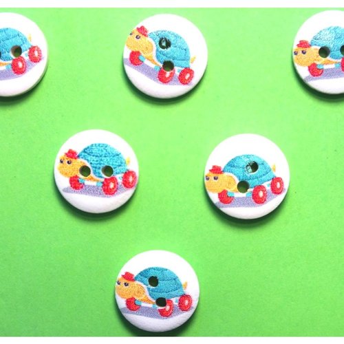 Lot 6 boutons bois : rond thème transport motif voiture d'enfant 15mm
