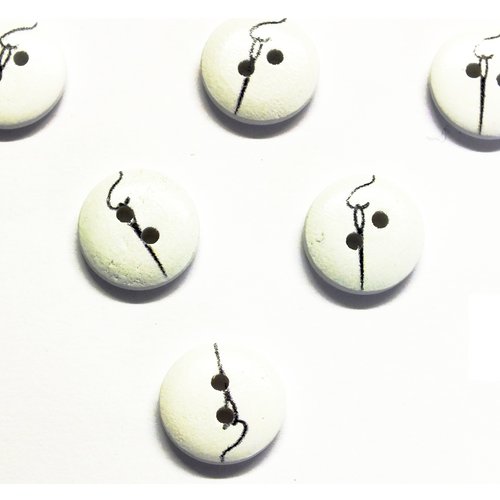 Lot 6 boutons bois : rond thème mercerie aiguille 15mm (28)