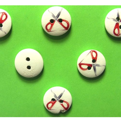 Lot 6 boutons bois : rond thème mercerie ciseau 15mm (16)