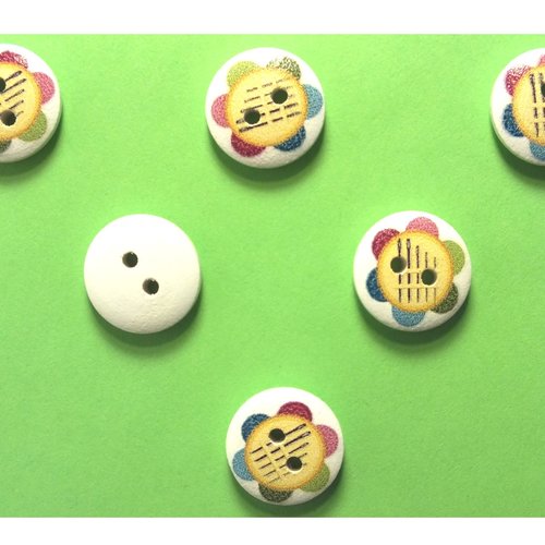 Lot 6 boutons bois : rond thème motif  mercerie boite aiguille 15mm (15)