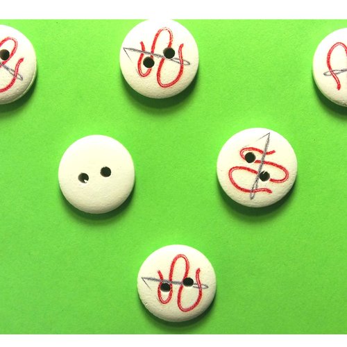 Lot 6 boutons bois : rond thème mercerie aiguille 15mm (12)