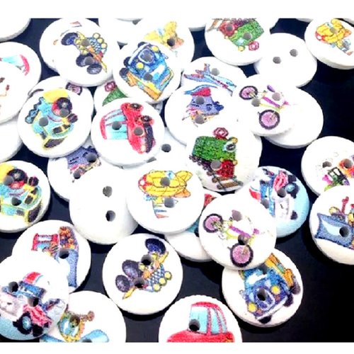 Lot 20 boutons bois : rond thème transport 15mm