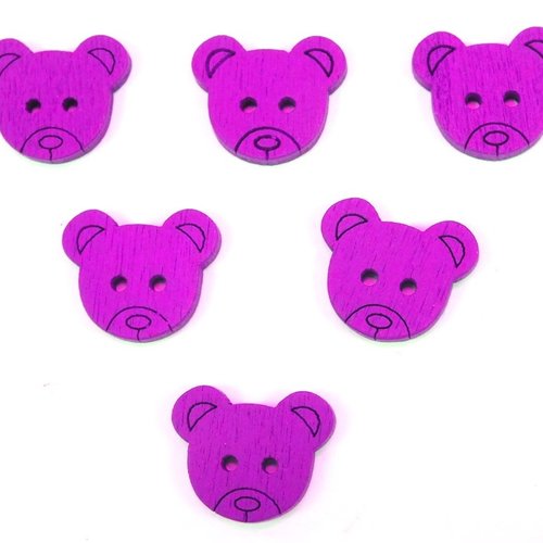 Lot 6 boutons bois : tete ours violet 18*15mm