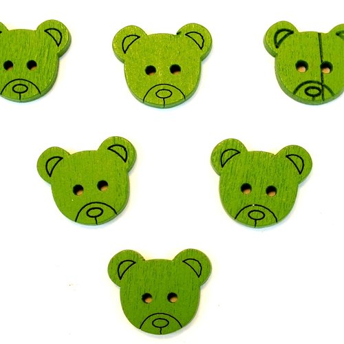 Lot 6 boutons bois : tete ours vert 18*15mm