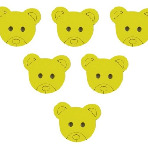 Lot 6 boutons bois : tete ours jaune 18*15mm