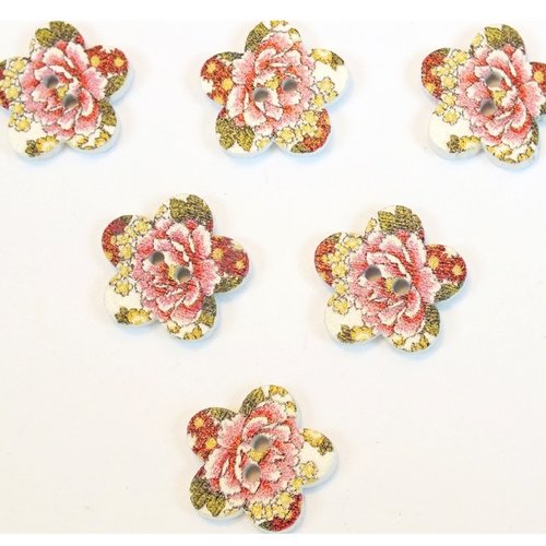 Lot 6 boutons bois : fleur motif fleur 17mm (03)