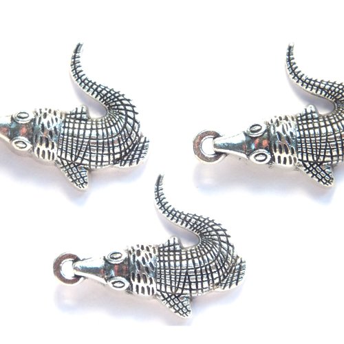 Lot 3 charms/breloques  plaqué argent : crocodile 25*20mm (01)