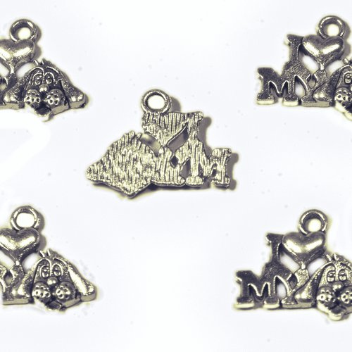 Lot 5 charms/breloques  plaqué argent  : j aime mon chien 18*13 mm