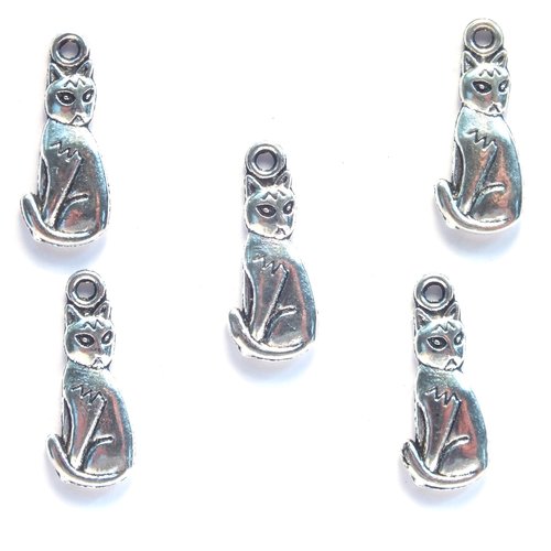 Lot 5 charms/breloques  plaqué argent : chat 18*9mm (05)