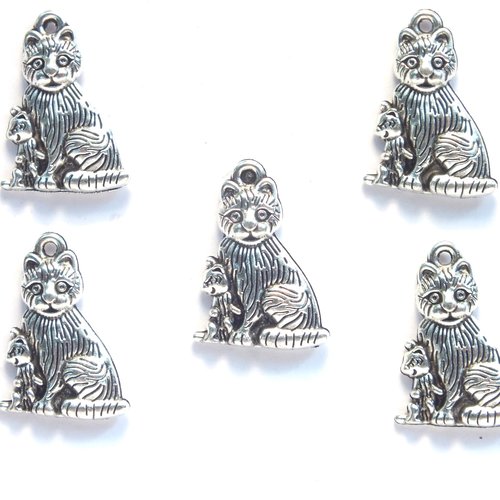 Lot 5 charms/breloques  plaqué argent : chat 18*14mm (04)