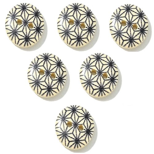 Lot 6 boutons bois : rond motif fantaisie 15mm (40)