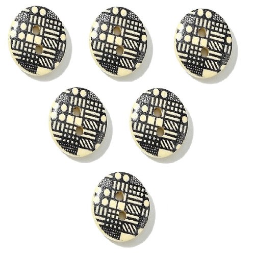 Lot 6 boutons bois : rond motif fantaisie 15mm (39)