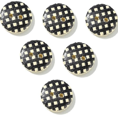 Lot 6 boutons bois : rond motif fantaisie 15mm (35)