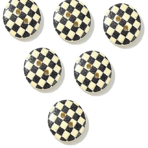 Lot 6 boutons bois : rond motif damier noir/blanc 15mm (03)