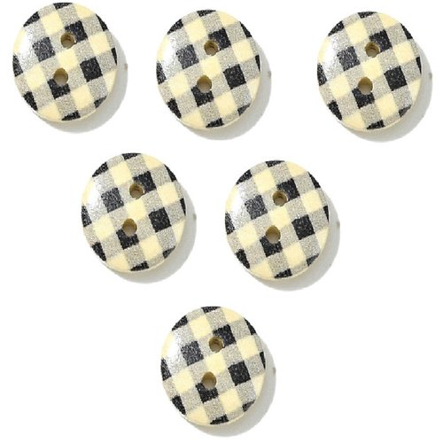 Lot 6 boutons bois : rond motif vichy noir/écru 15mm (23)