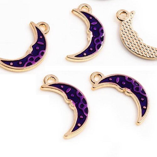Lot 5 breloques/charms metal dores : lune violette 17*9mm (02)