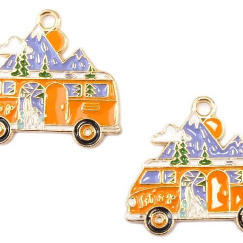 Lot 2 breloques/charms metal dores : camping-car 30*27mm (01)
