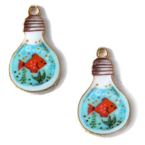 Lot 2 charms/breloques plaqué doré : bocal poisson en forme d' ampoule 25 * 17mm