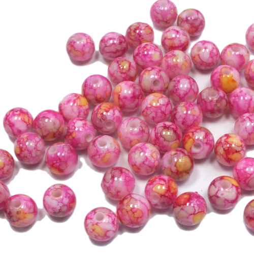 Lot 30 perles verres : ronde marbrées rose/blanc/jaune 8mm (31)